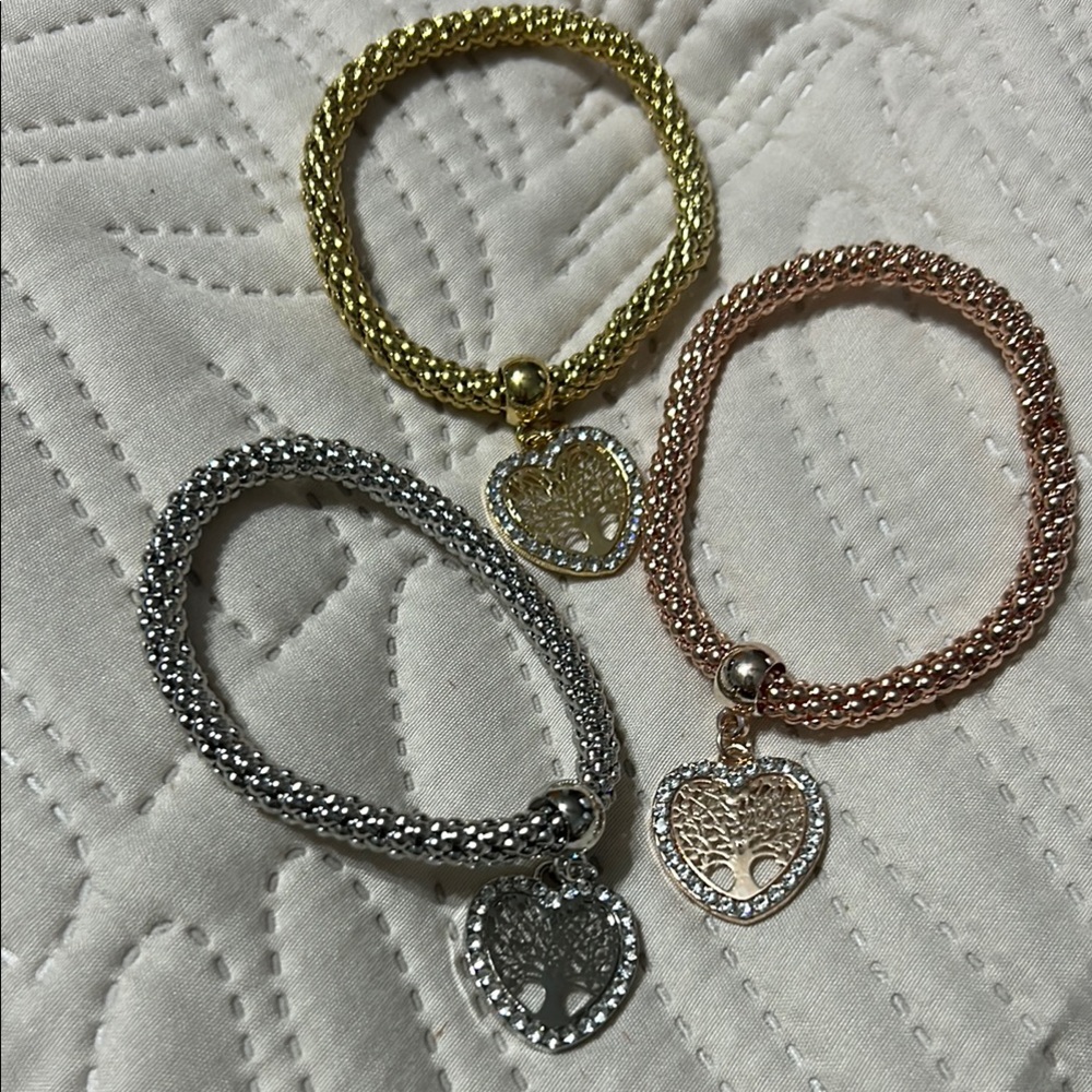 THREE Gold, Silver, and Rose Gold Heart Tree of Life Charm Bracelets